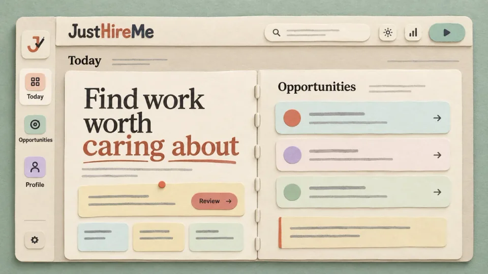 JustHireMe — paper interface illustration
